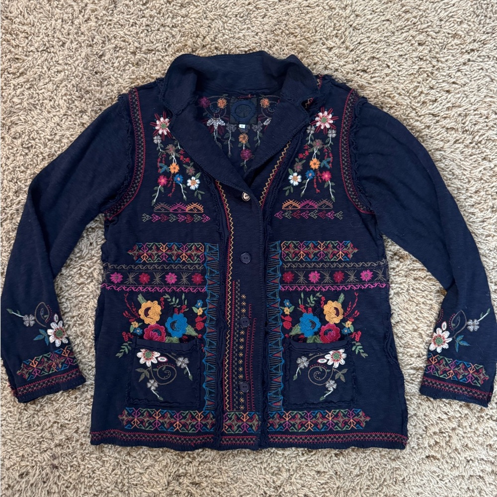 Johnny Was Navy Embroidered Floral Cardigan Jacket